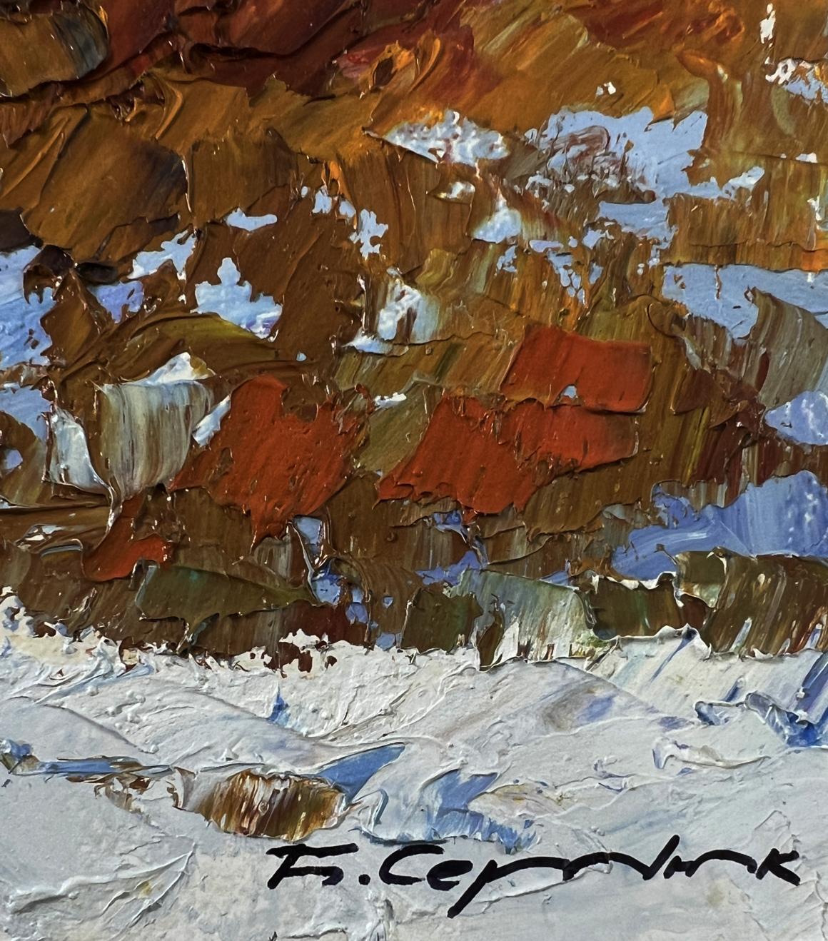 Oil painting House on the hill by Boris Serdyuk, textured impasto browns oranges blues