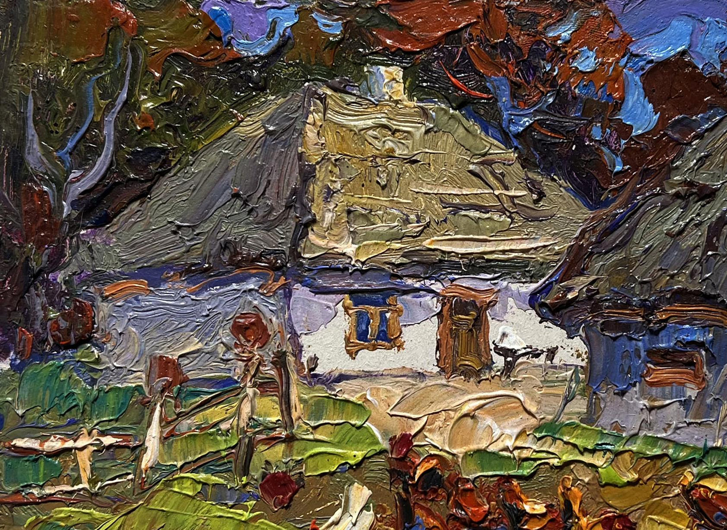 Rustic white thatched cottage amid autumn foliage by Oksana Ivanyuk oil painting