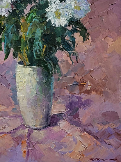 Oil painting of Chrysanthemum on pink by Boris Serdyuk with daisies