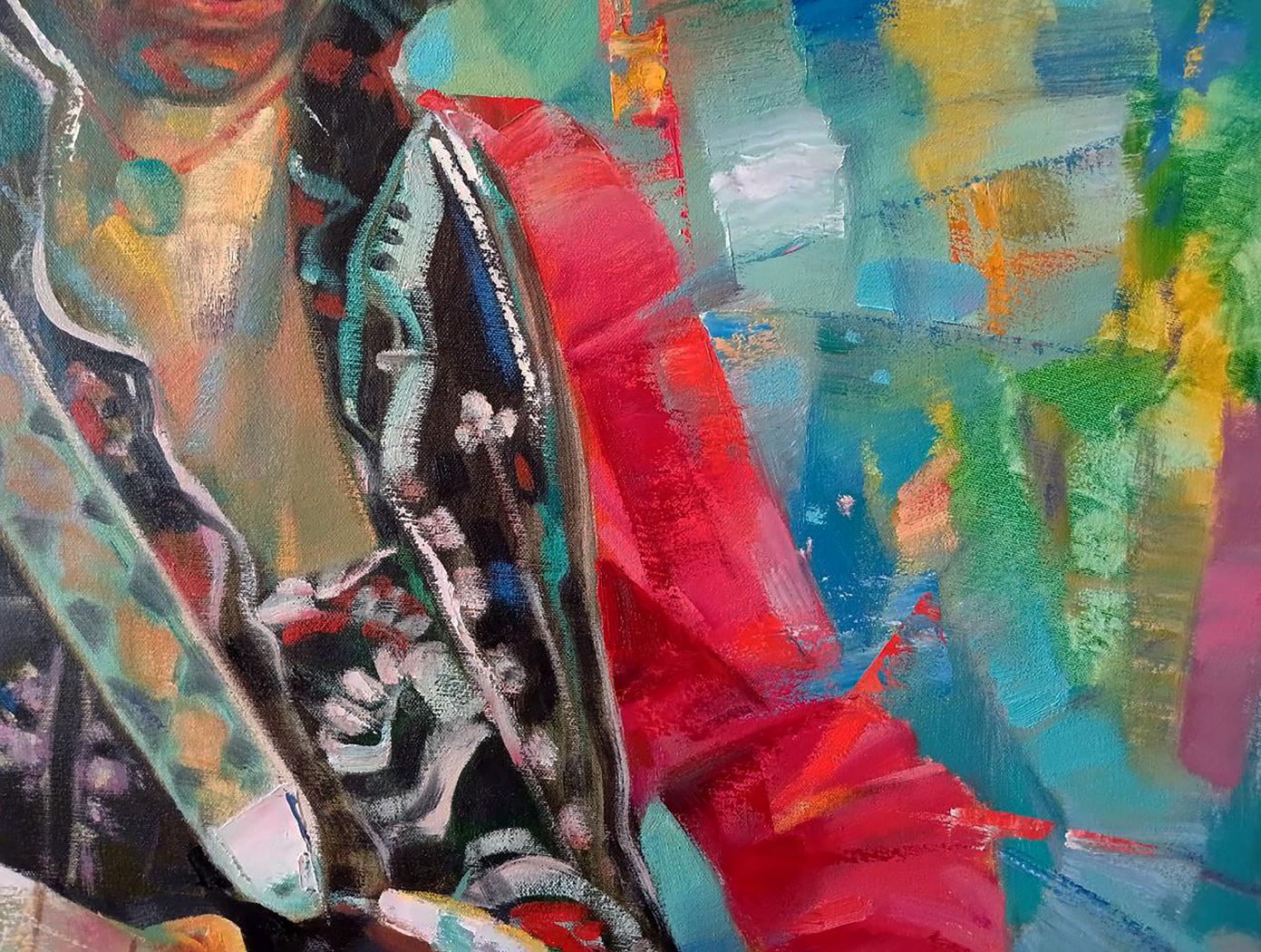 Vibrant red black abstract oil painting of Jimi Hendrix by Anatoly Tarabanov