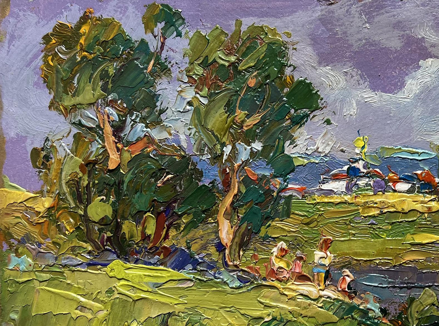 Vibrant impressionist oil painting by Oleksiy Ivanyuk with green foliage and purple sky