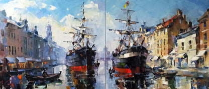 Oil painting Channel of Calm by Volodymyr Gluhomanyuk: vibrant harbor ships