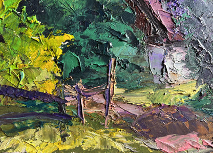Oil painting of lilac bush in garden by Boris Serdyuk, impasto brushstrokes
