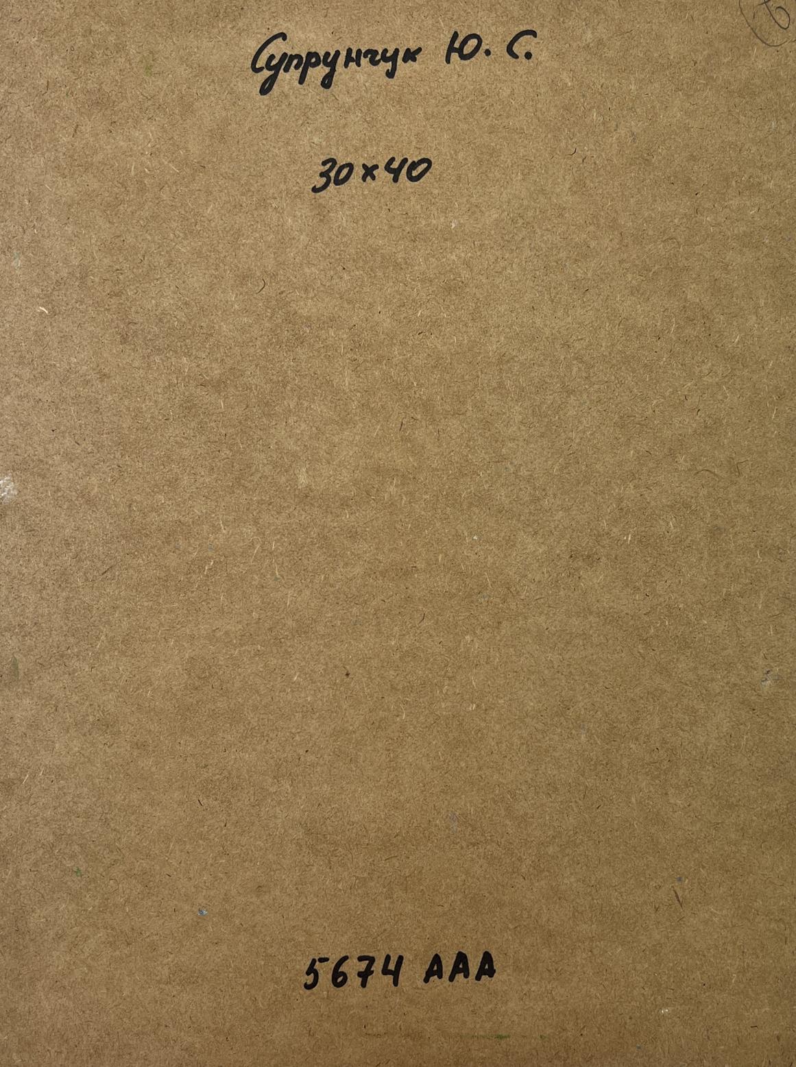 Back of Yuriy Suprunchuk oil painting City with a river: brown cardboard with Cyrillic text