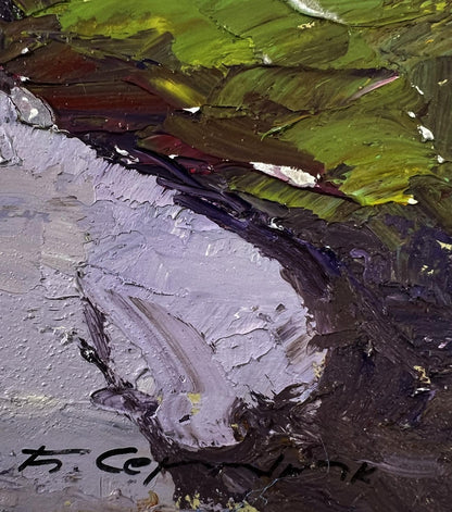 Oil painting Rainy day road by Boris Serdyuk, green gray brushstrokes