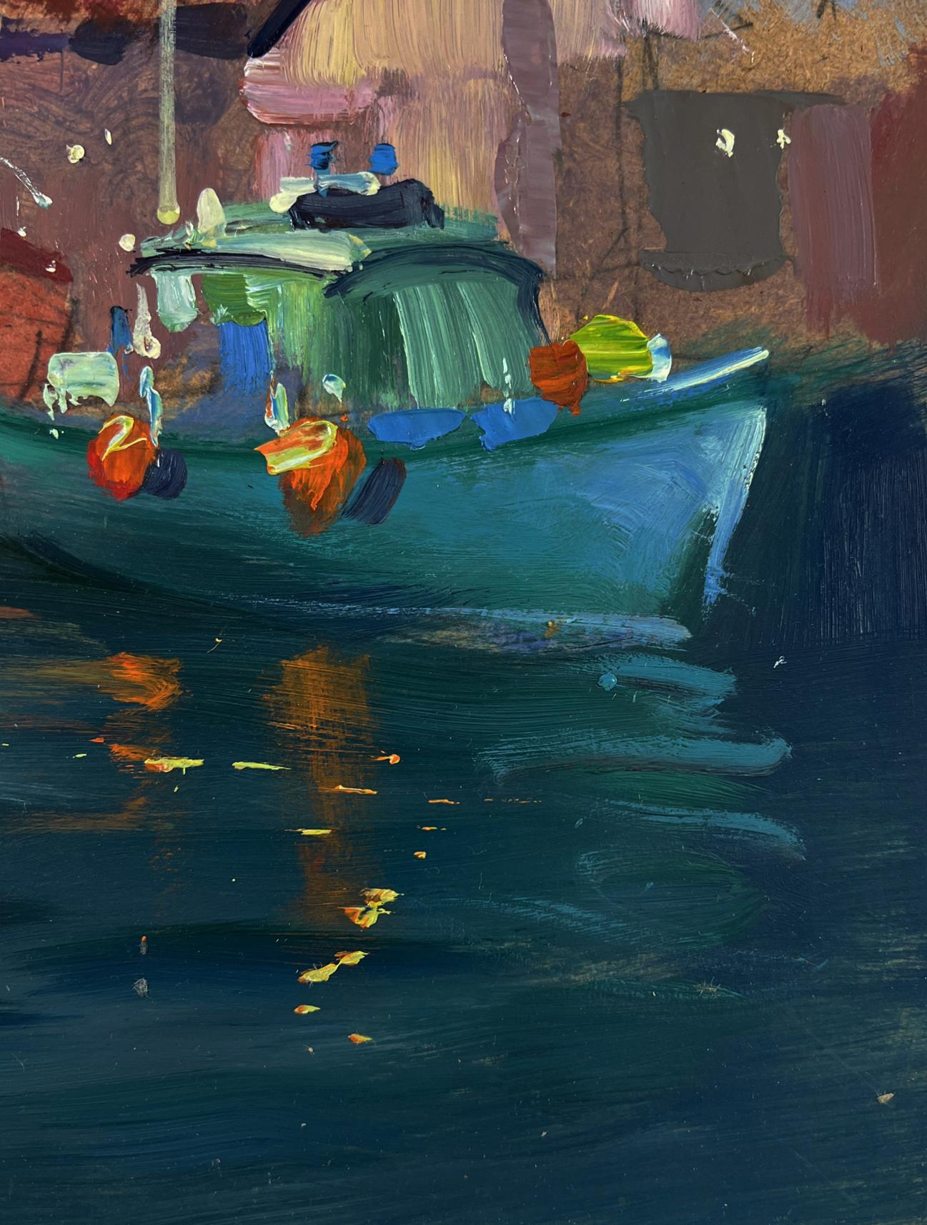 Teal-green boat with orange yellow buoys in harbor oil painting by Yuriy Suprunchuk