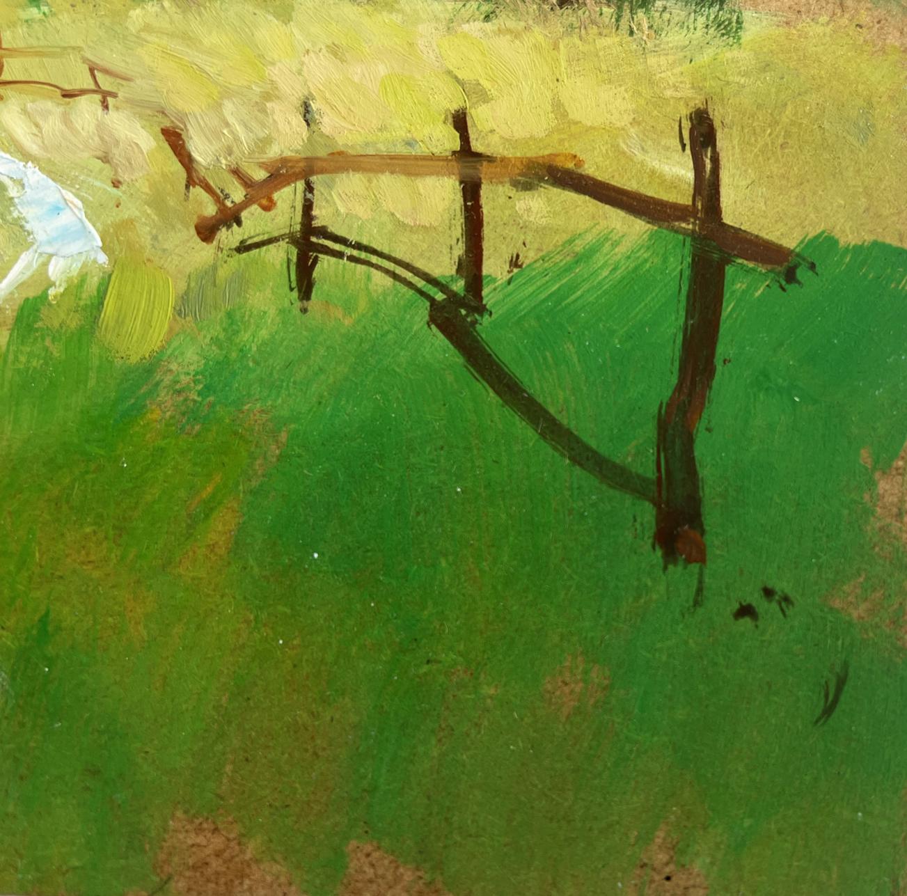 Oil painting Golden summer fields by Yuriy Suprunchuk: rustic wooden fence in green field