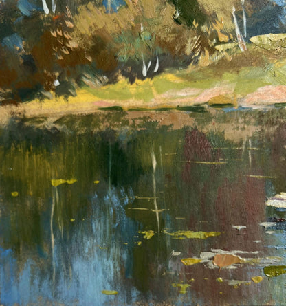 Oil painting of forest reflection in pond by Yuriy Suprunchuk