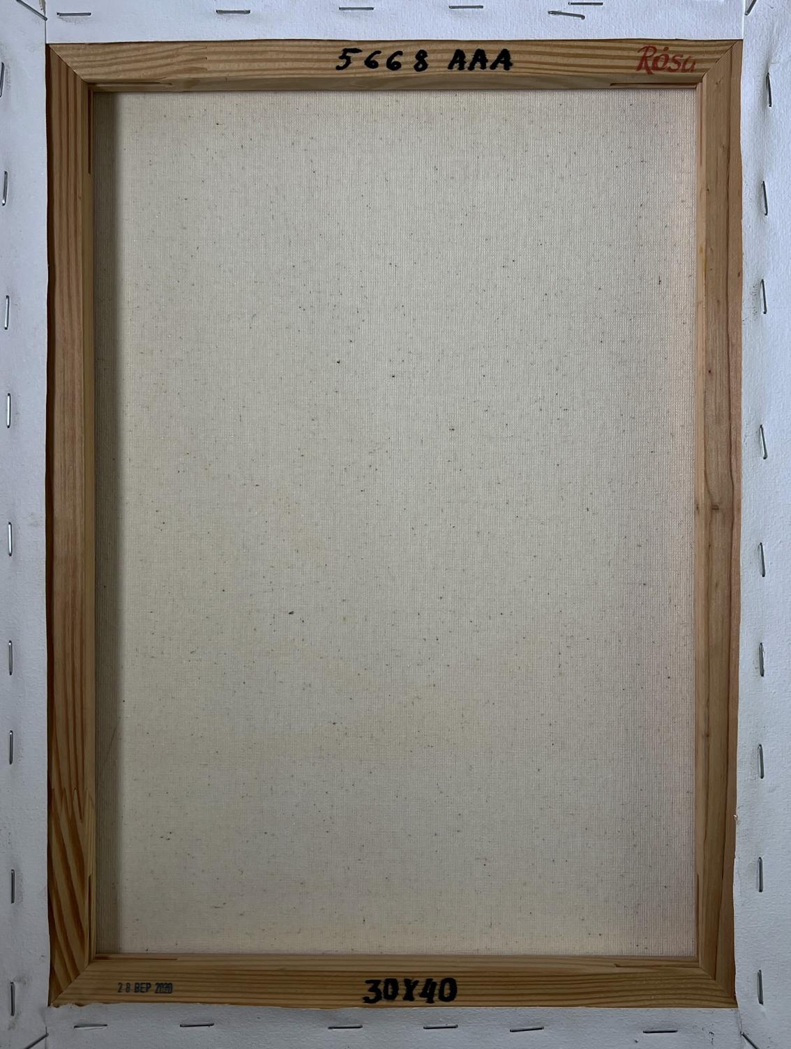 Back of 30x40 röss oil painting Journey to the Mountains, light brown wood frame