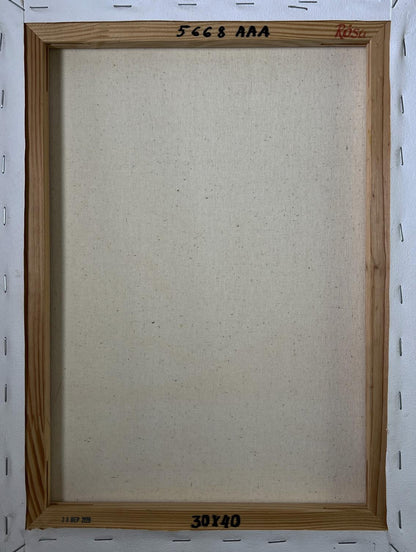 Back of 30x40 röss oil painting Journey to the Mountains, light brown wood frame