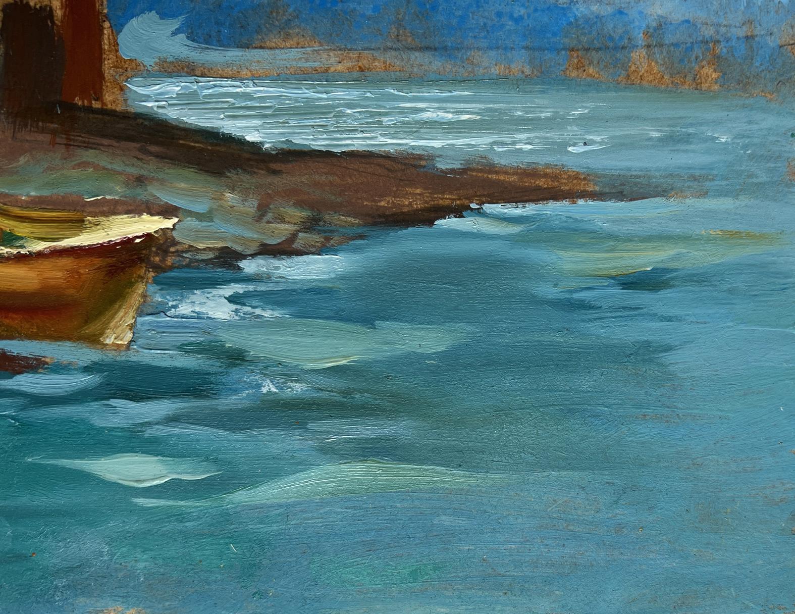 Textured oil painting of city boats by sea with turbulent waves by Yuriy Suprunchuk
