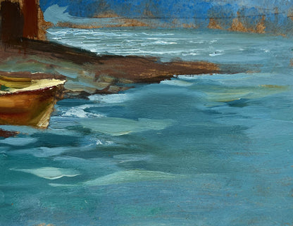 Textured oil painting of city boats by sea with turbulent waves by Yuriy Suprunchuk