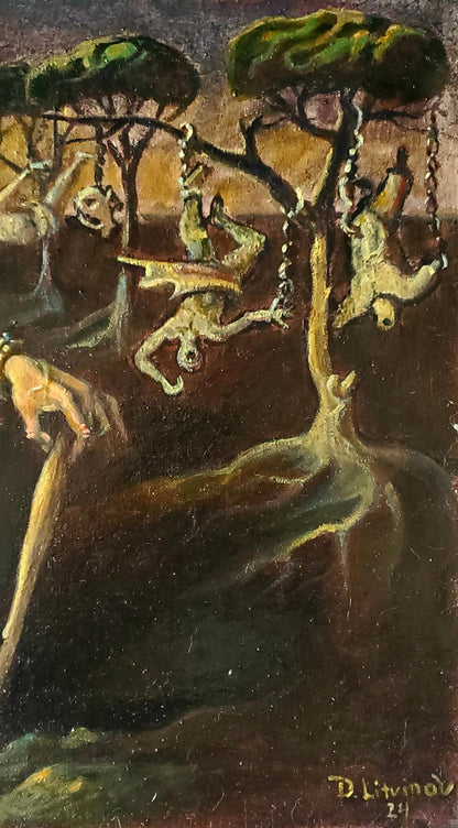 Dark surrealist oil painting of skeletal figures in chains by Daniil Litvinov