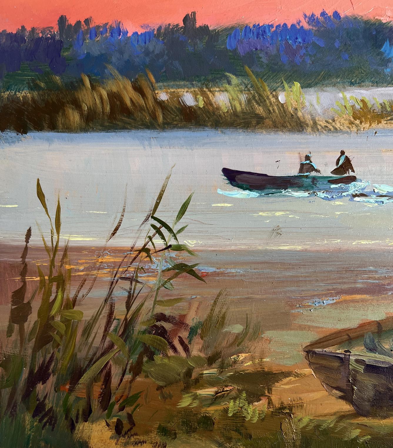 Oil painting of rowboat on calm water at mesmerizing crimson sunset by Yuriy Suprunchuk