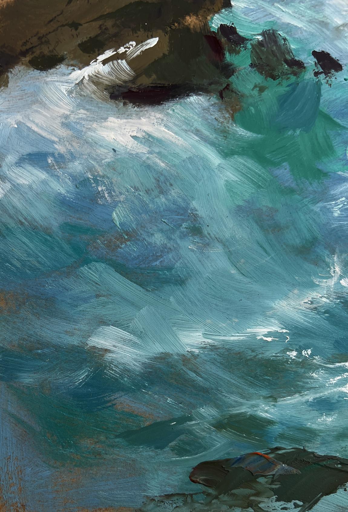 Dynamic turquoise waves crash on rugged rocks with distant sailboats, Yuriy Suprunchuk oil painting
