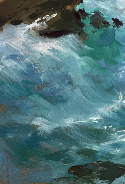 Dynamic turquoise waves crash on rugged rocks with distant sailboats, Yuriy Suprunchuk oil painting
