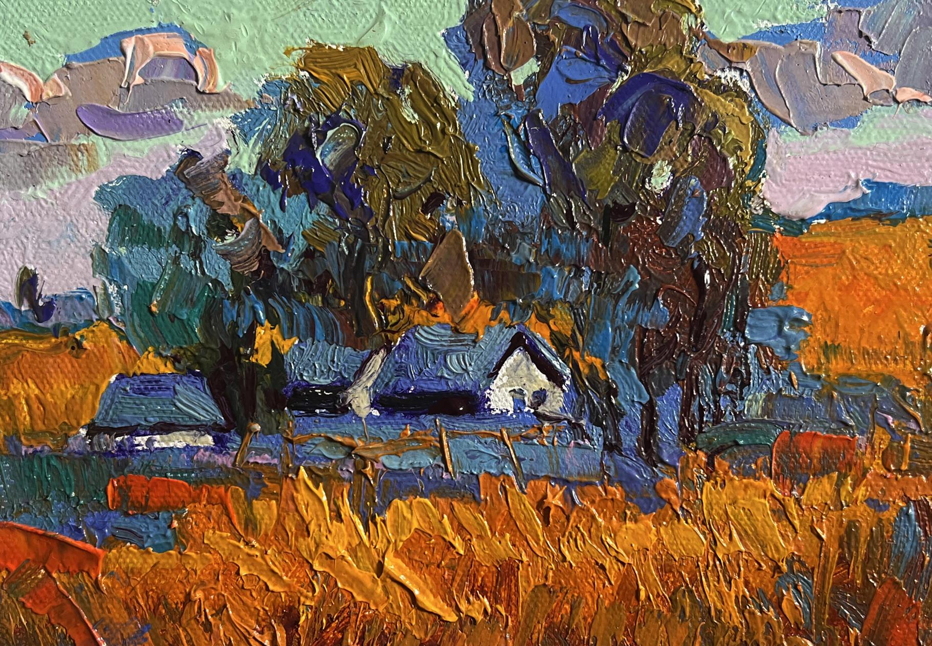 Oil painting Autumn village evening by Oksana Ivanyuk with white house in fields