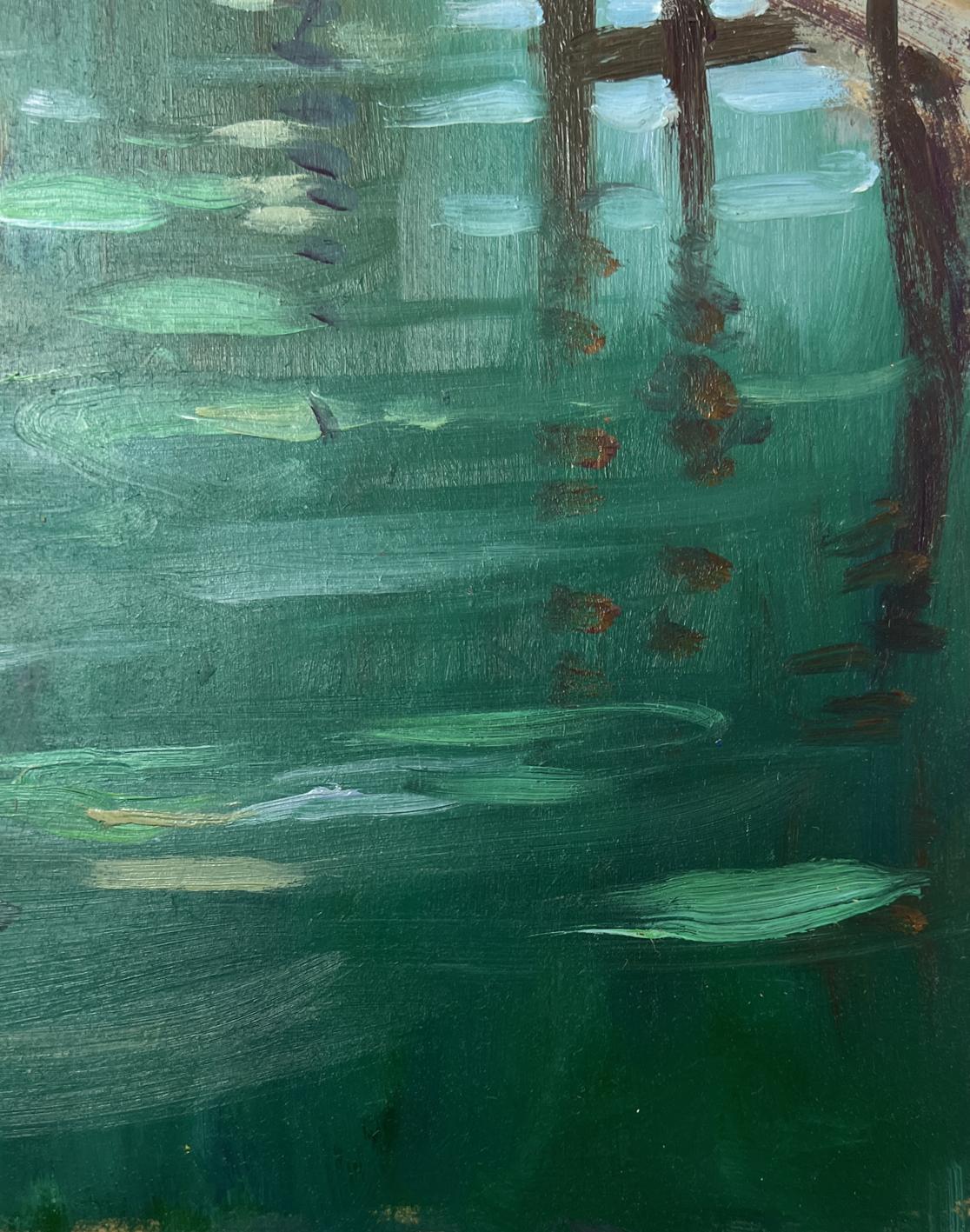 Abstract green oil painting Where boats sleep at the pier by Yuriy Suprunchuk