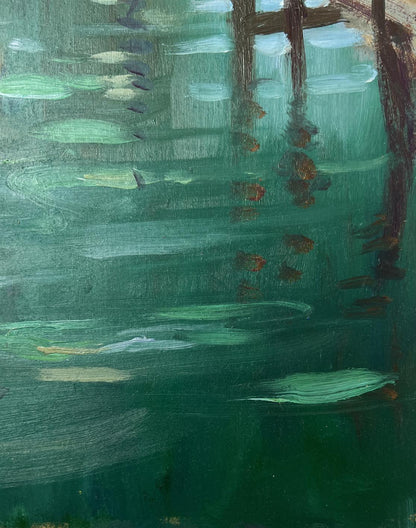 Abstract green oil painting Where boats sleep at the pier by Yuriy Suprunchuk