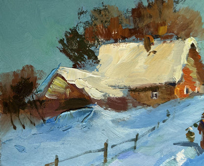 Oil painting of snow-covered rustic house with thatched roof by Yuriy Suprunchuk