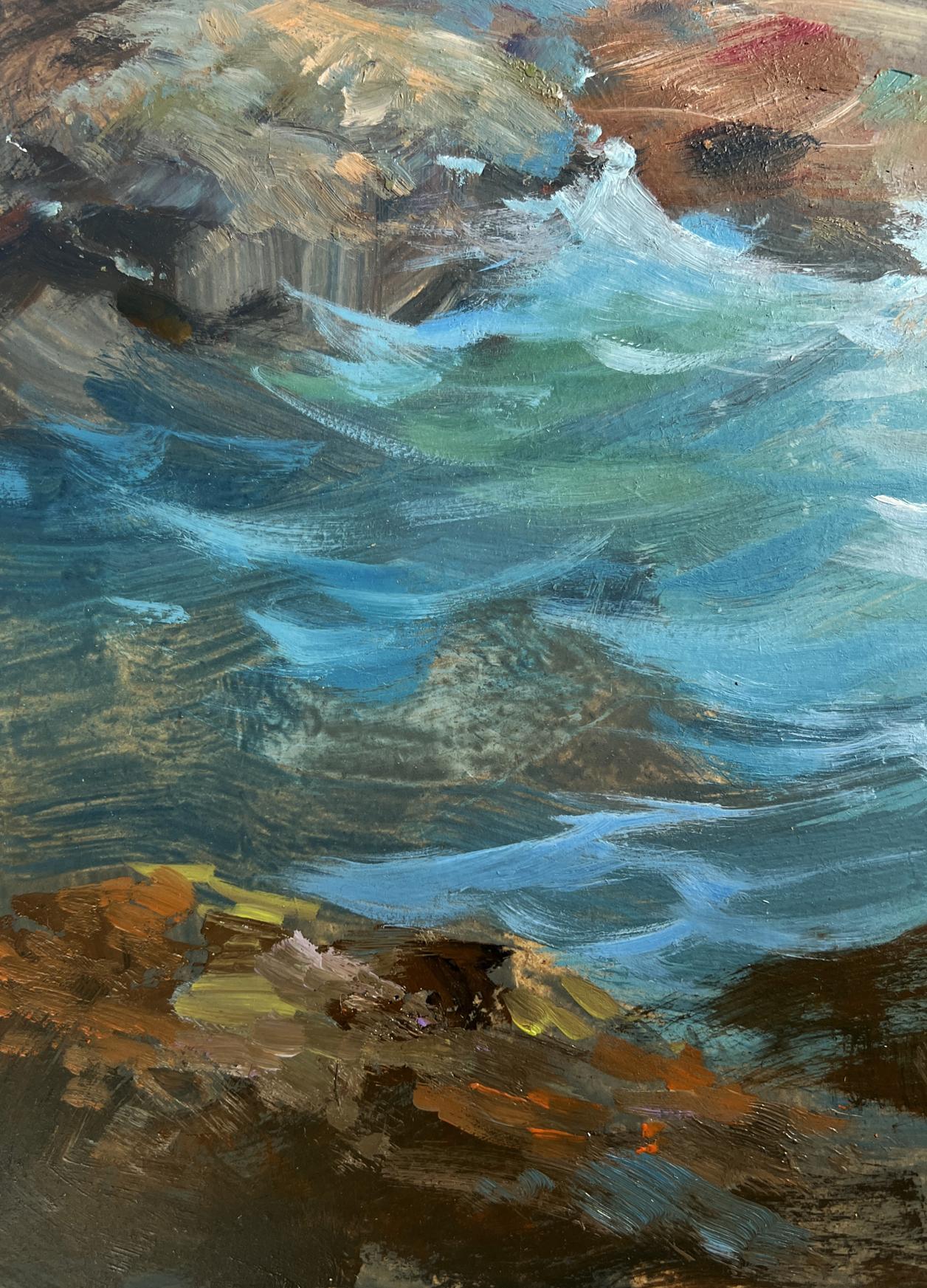 Oil painting Song of the Waves and Wind by Yuriy Suprunchuk: turquoise waves crash on rocky shores