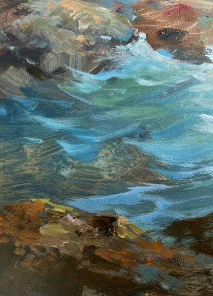 Oil painting Song of the Waves and Wind by Yuriy Suprunchuk: turquoise waves crash on rocky shores