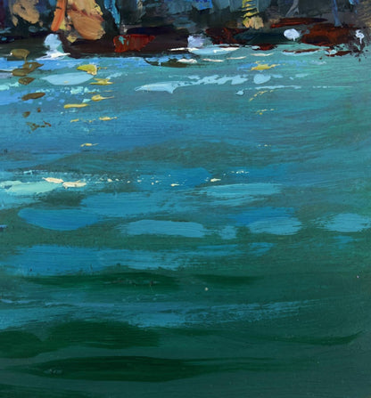 Impressionistic teal green sea painting Fishermen greet dawn by Yuriy Suprunchuk