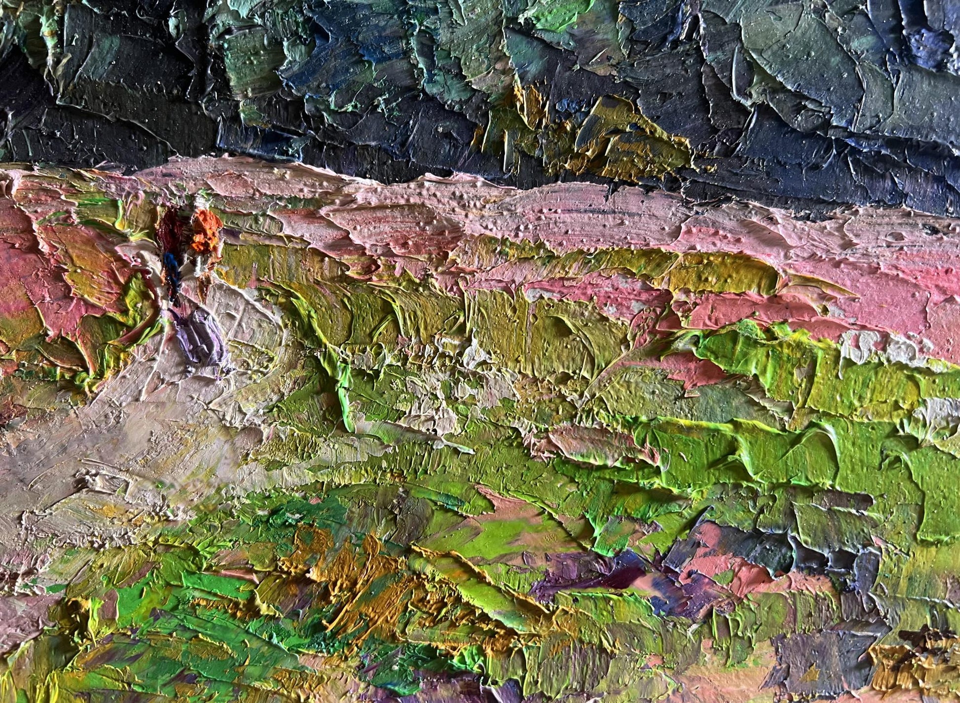 Oil painting Flowery mountain meadows by Boris Serdyuk with impasto greens and pinks