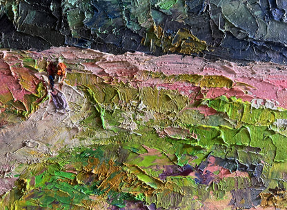 Oil painting Flowery mountain meadows by Boris Serdyuk with impasto greens and pinks