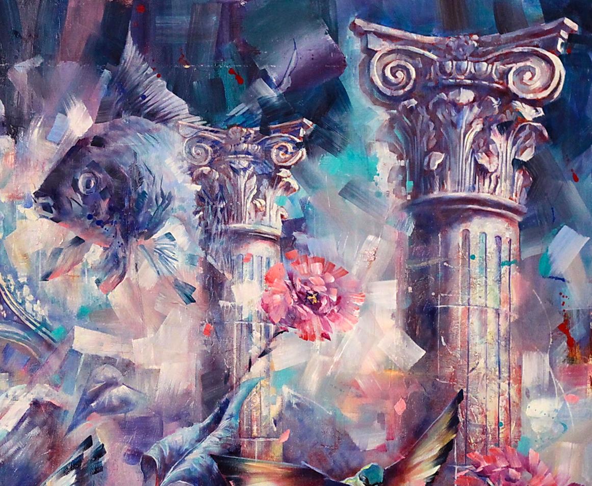 Oil painting Bluebirds by Alexander Dobrodiy with columns, fish, flowers