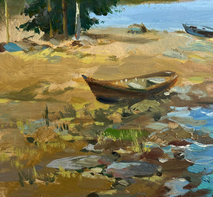 Oil painting The call of distant waves by Yuriy Suprunchuk: rustic rowboat on pebbled shore