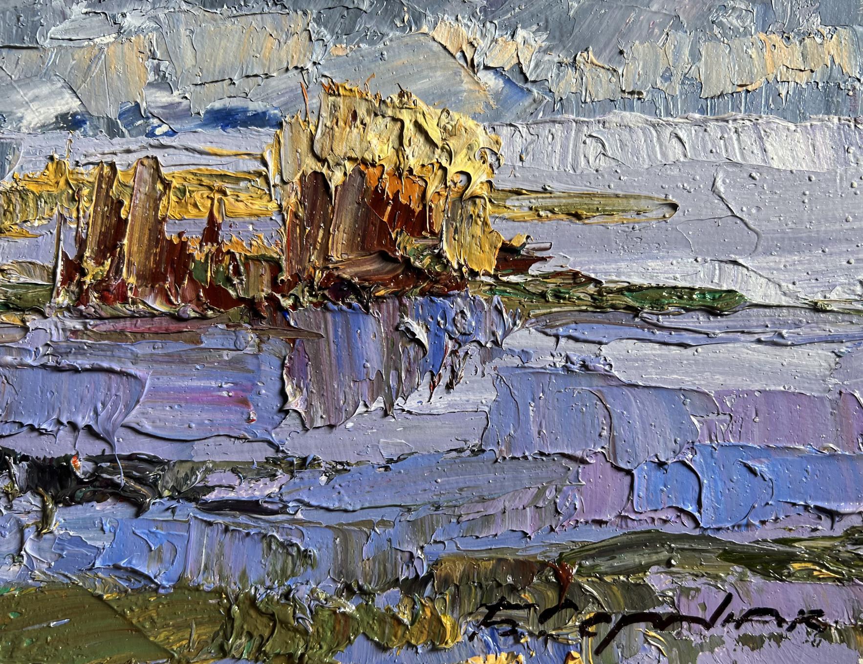 Oil painting Morning Frosts by Boris Serdyuk with blue impasto landscape