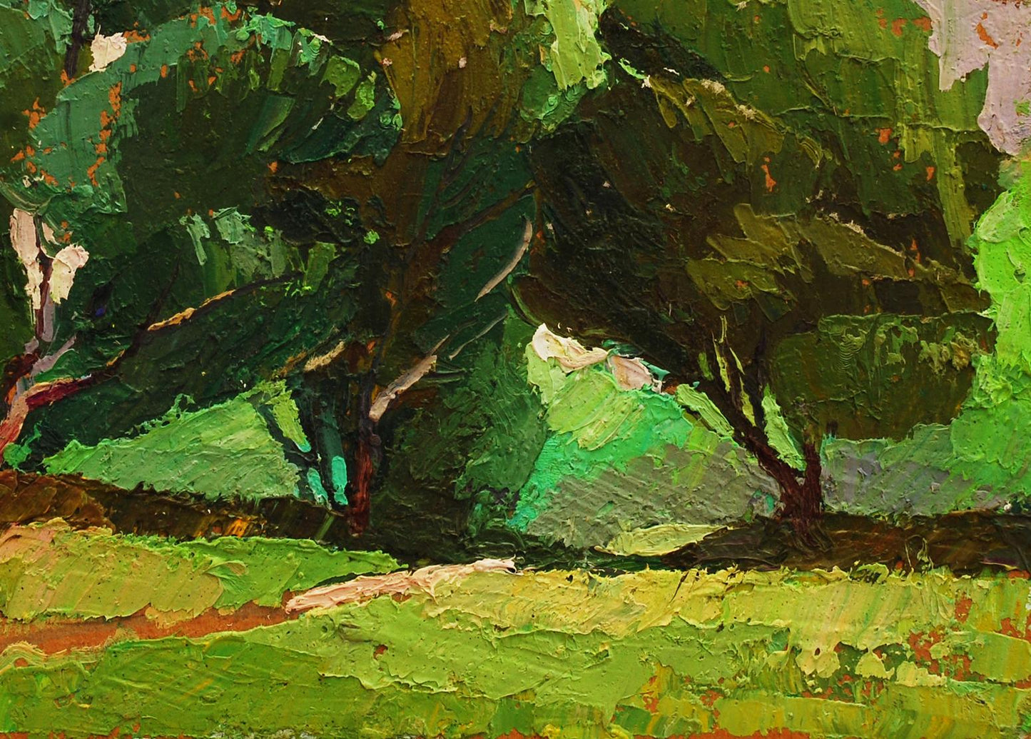 Oil painting Play of light in branches by Egor Shvachunov lush green impasto