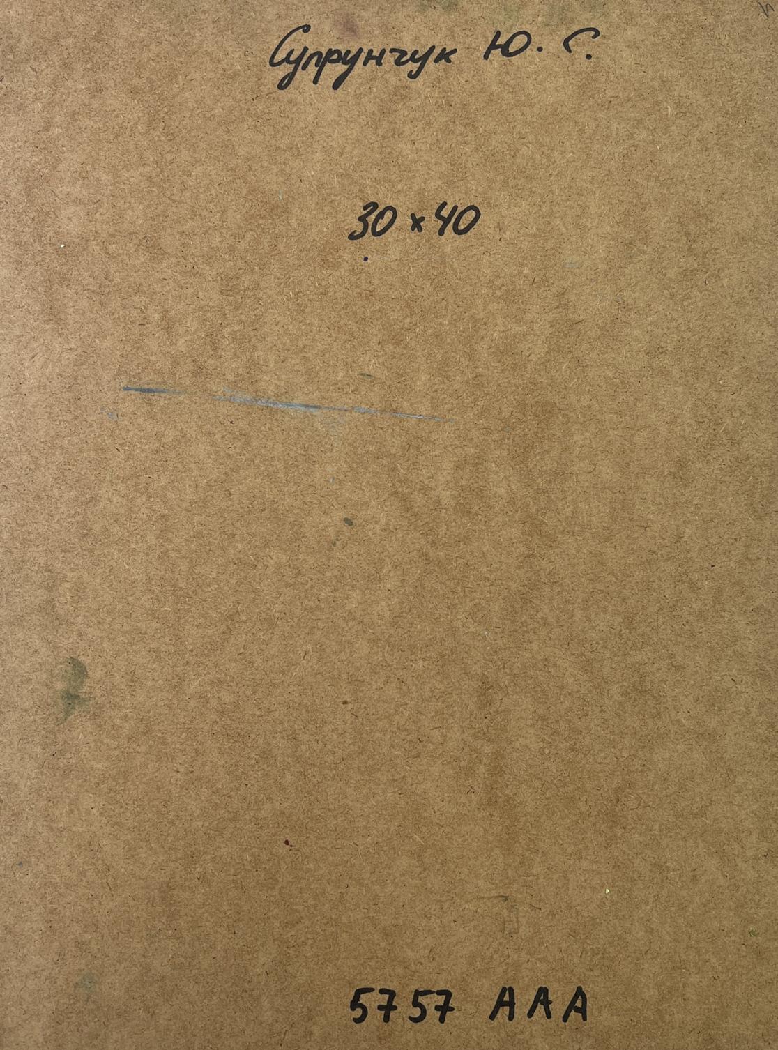 Back of Yuriy Suprunchuk House by the Sea oil painting on brown textured cardboard with handwritten markings and stamped numbers