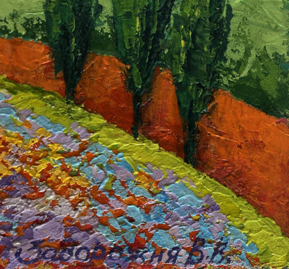 Vibrant impressionist oil painting of flower fields and sunset by V. Zadorozhnya