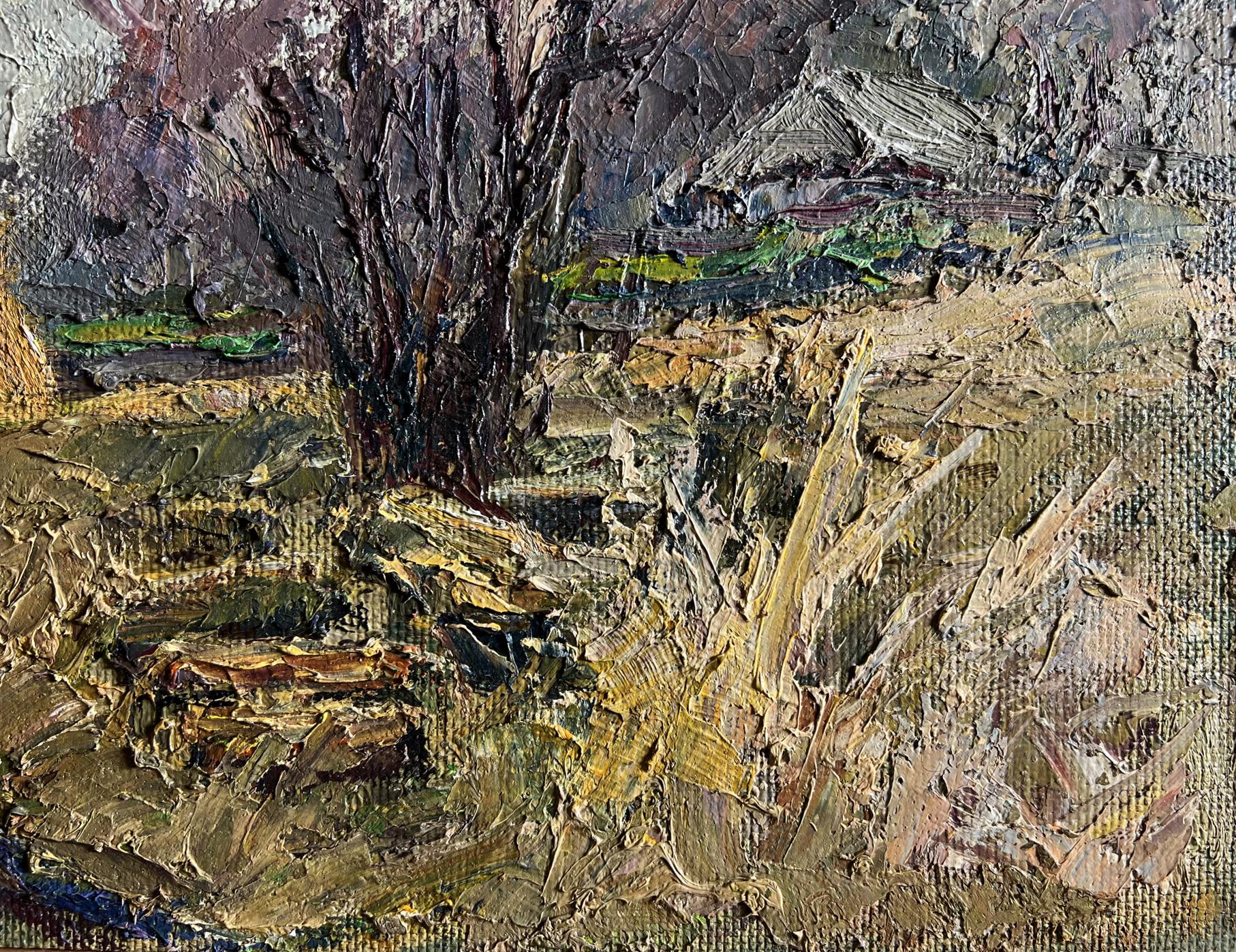 Textured oil painting of barren tree in warm autumn days by Boris Serdyuk