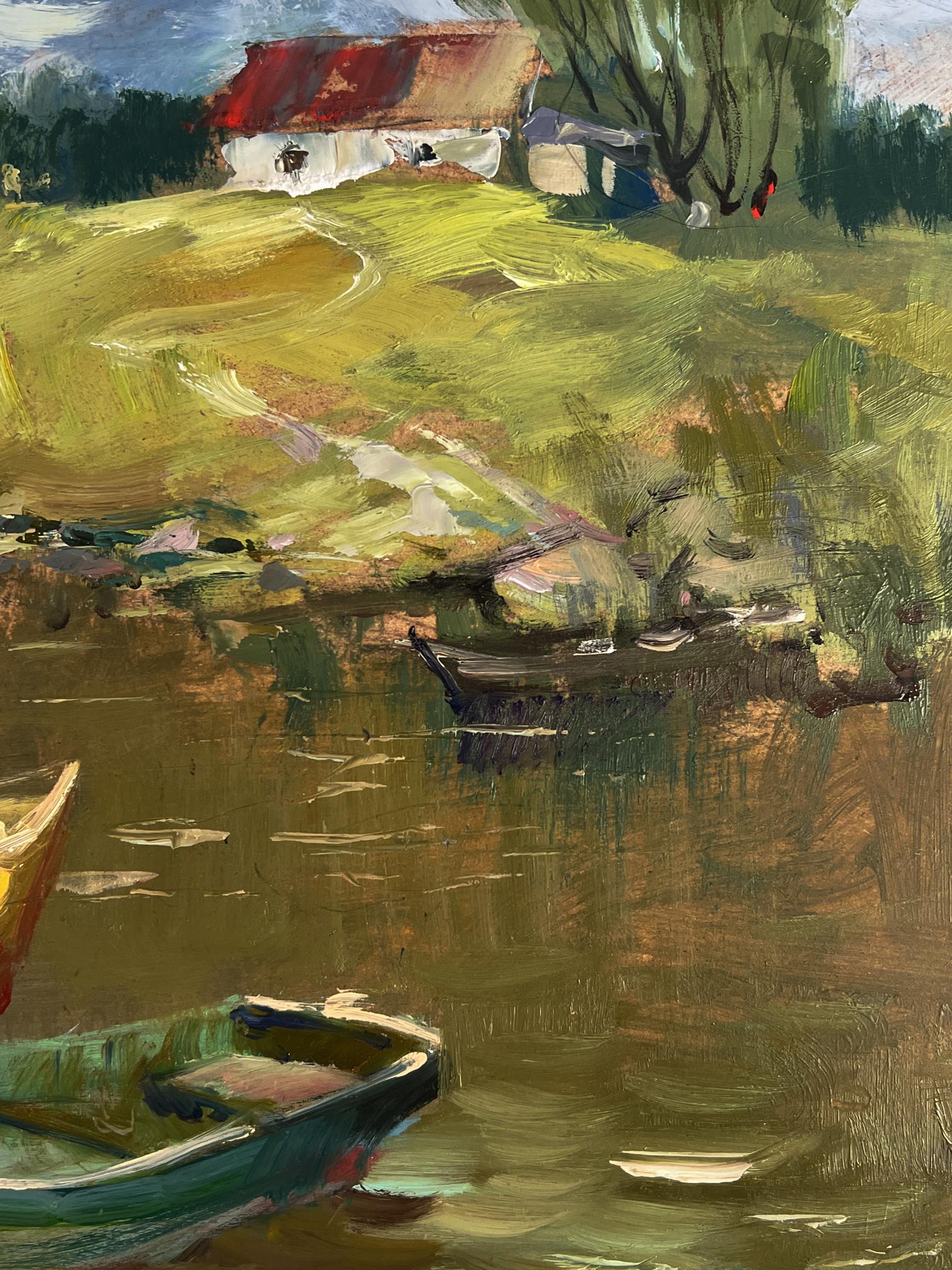 Oil painting of fishermen on boats near Yuriy Suprunchuks rustic red-roofed village cottage