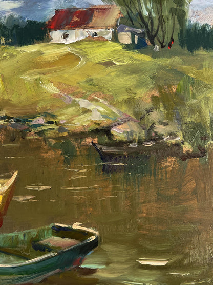 Oil painting of fishermen on boats near Yuriy Suprunchuks rustic red-roofed village cottage