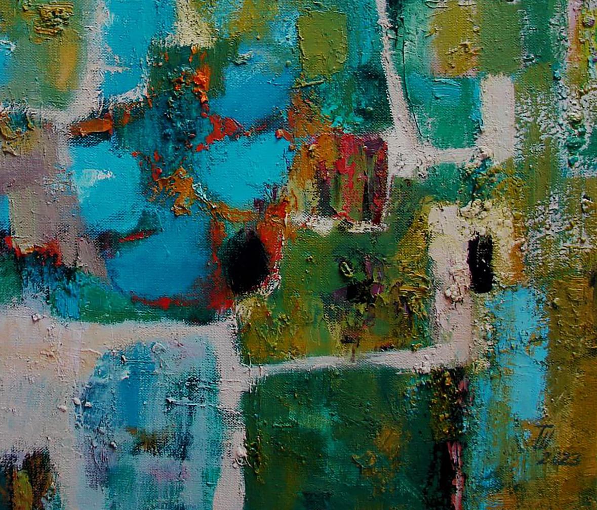 Abstract teal green blue oil painting May blossoms by Tatyana Shulyak