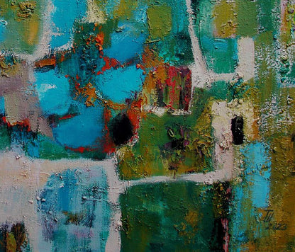 Abstract teal green blue oil painting May blossoms by Tatyana Shulyak