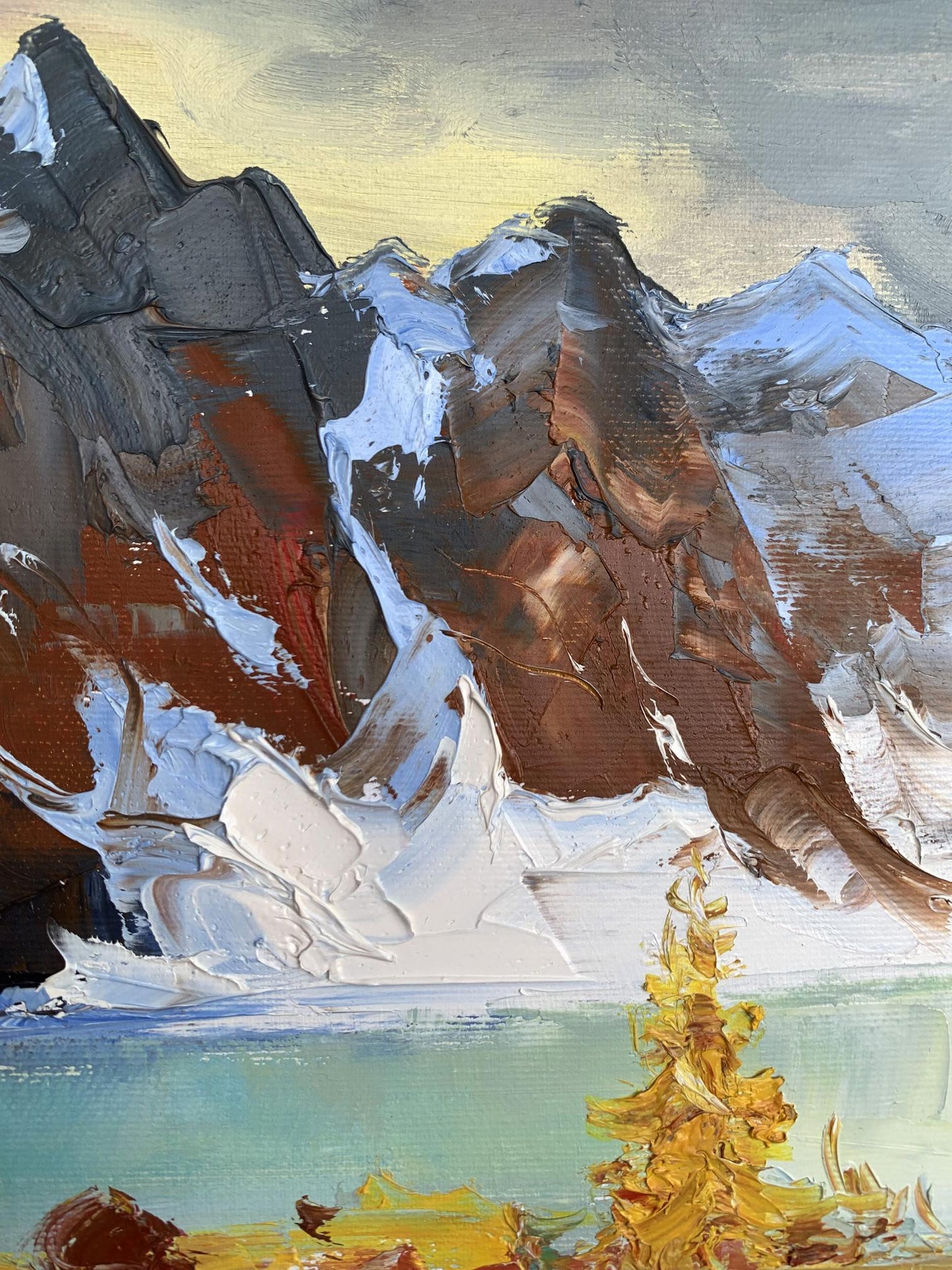 Textured oil painting of huge snow-capped mountains by Tatyana Derdey