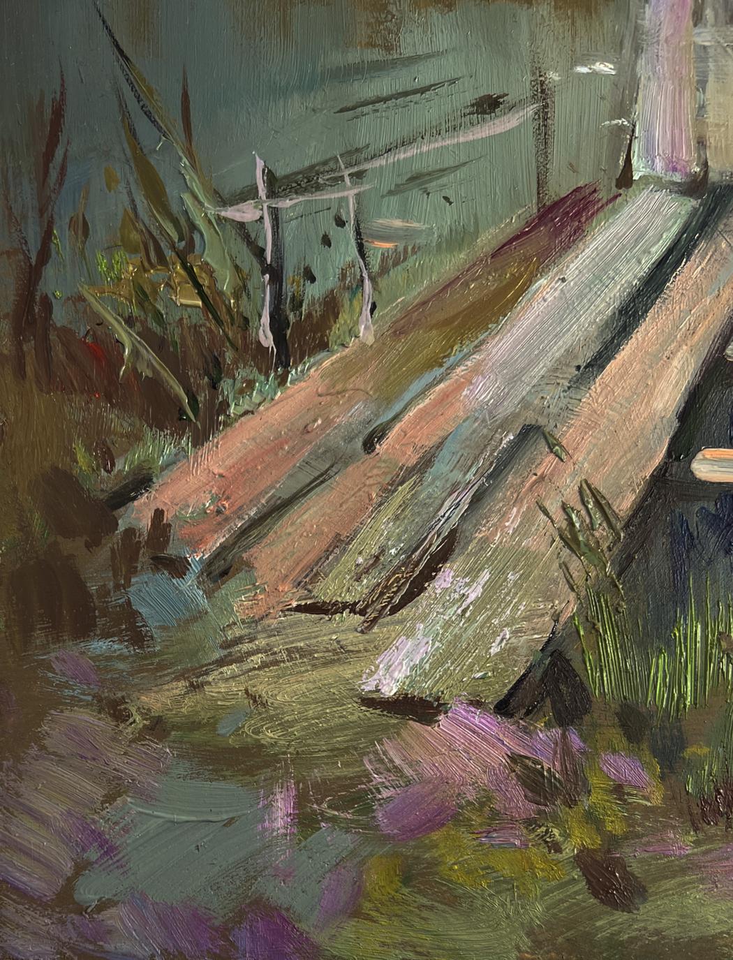 Weathered wooden planks on mossy ground in Yuriy Suprunchuk oil painting