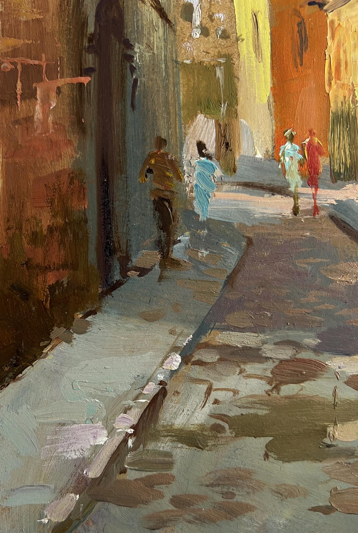 Vibrant impressionist oil painting of Yuriy Suprunchuk cobblestone street alley