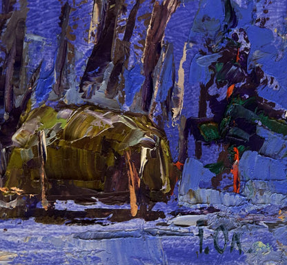 Oil painting of mossy rock formation by Oleksiy Ivanyuk