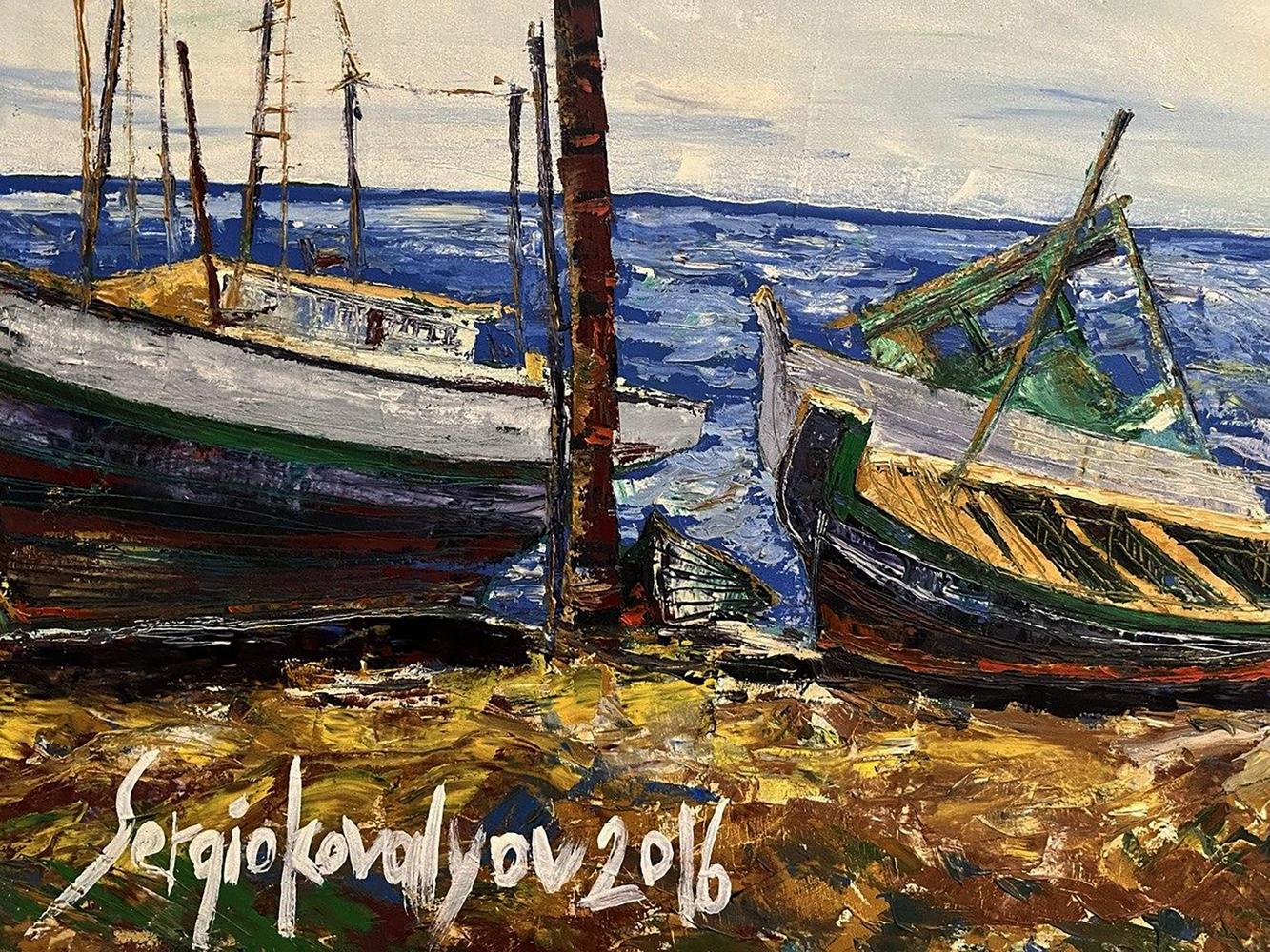 Oil painting Dock by Serhiy Kovalev: textured boats moored on choppy sea