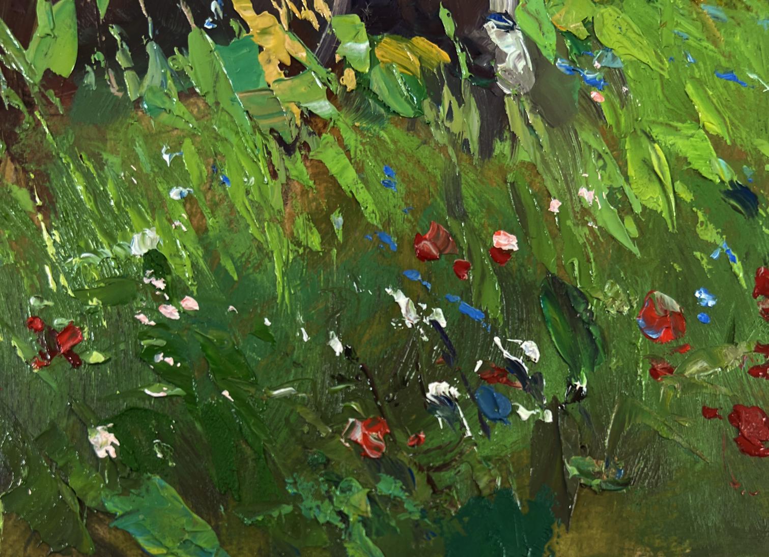 Oil painting of cows in vibrant flower field by Yuriy Suprunchuk
