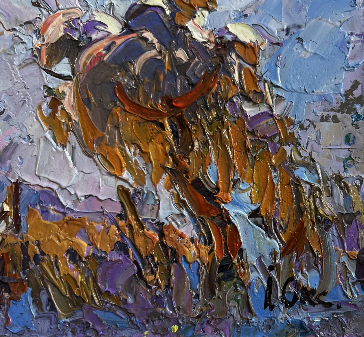 Oil painting Snowy road in the village by Oksana Ivanyuk with impasto brushstrokes