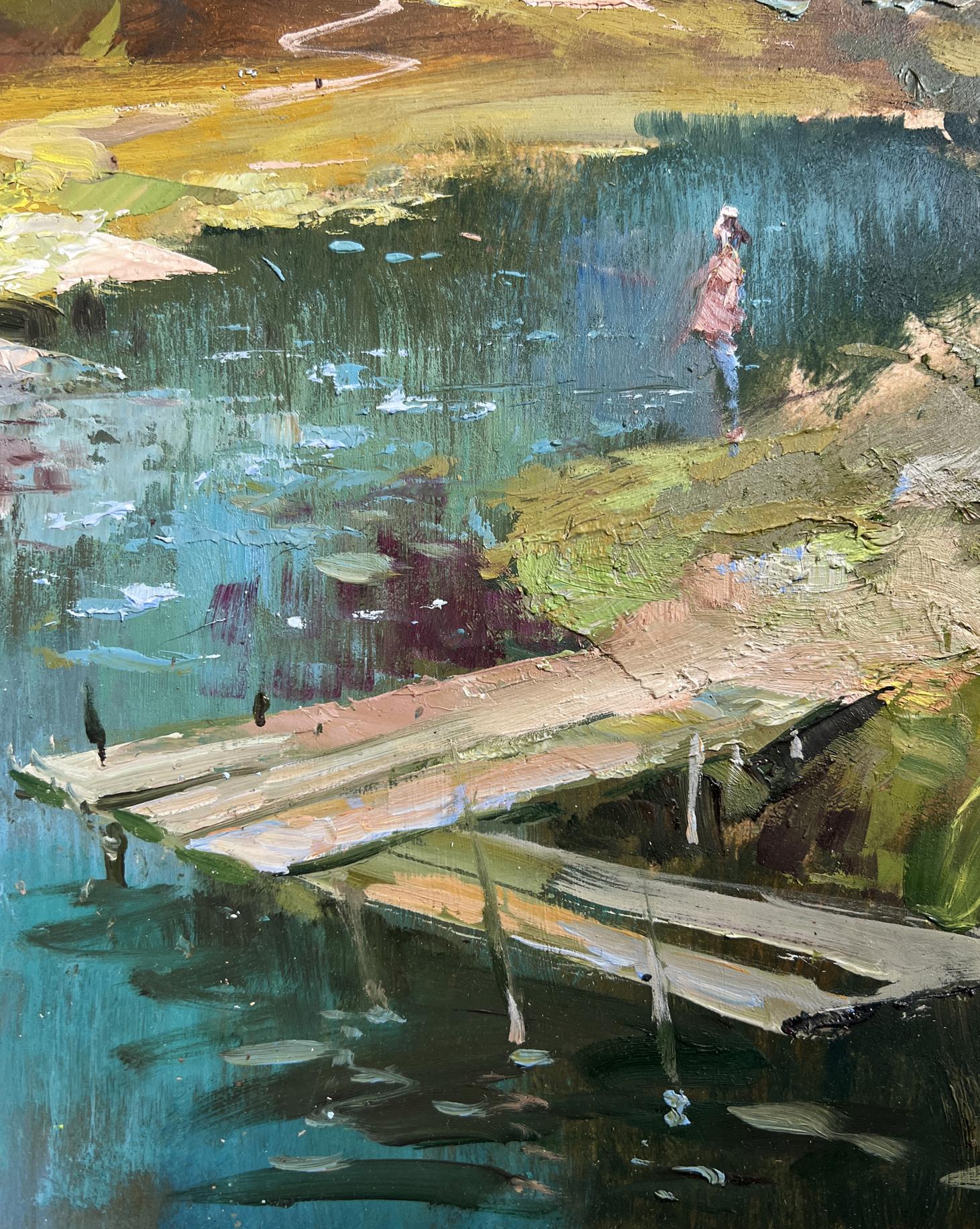 Oil painting of summer day in outback by Yuriy Suprunchuk: weathered dock in turquoise pond