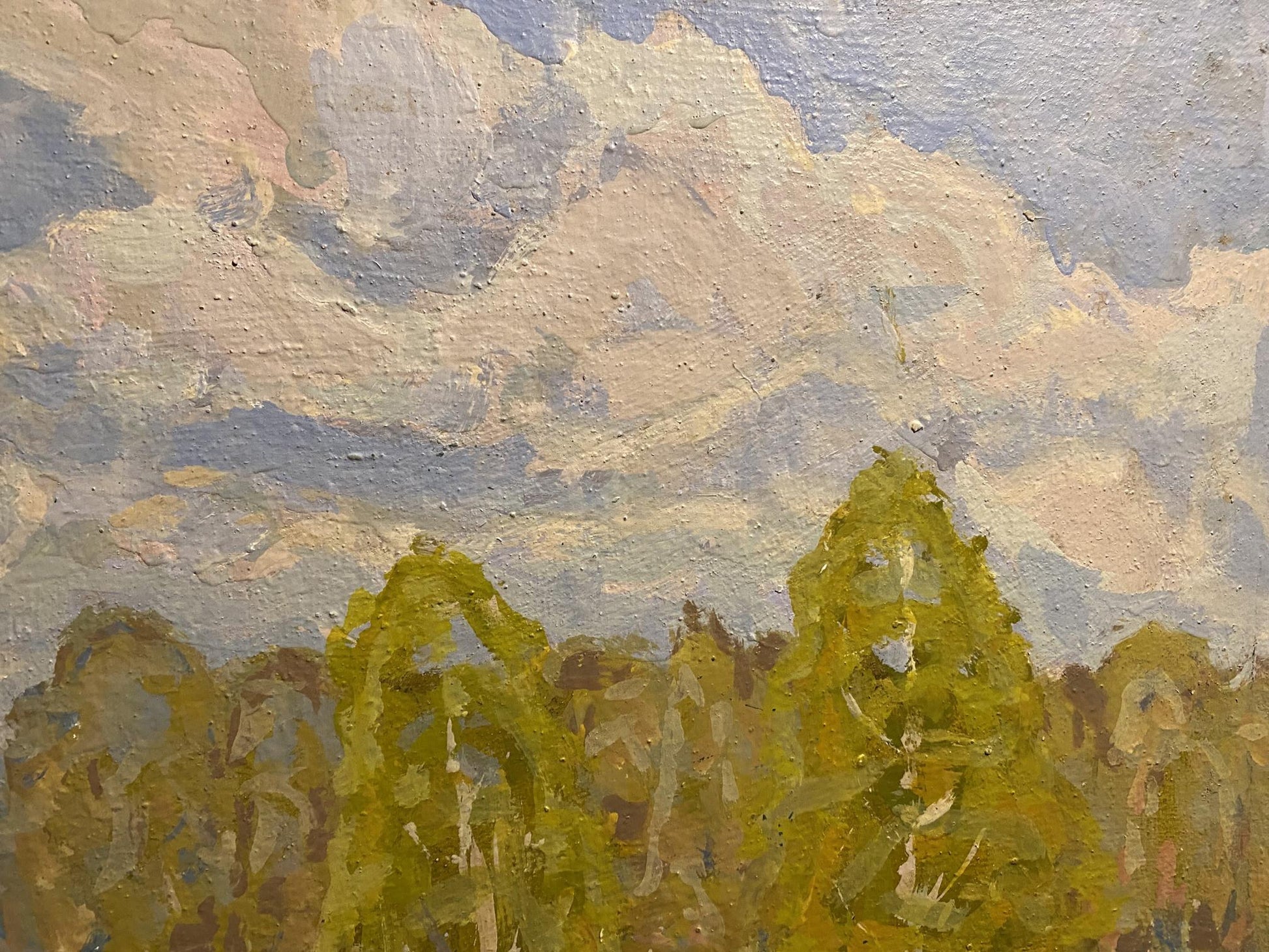 Oil painting Spring came by Georgy Kolosovsky with creamy clouds over green trees