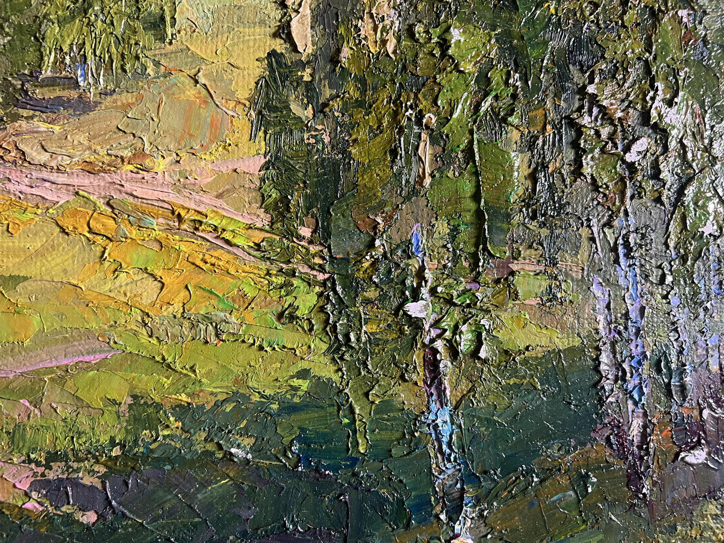 Oil painting Sunny day in birch forest by Boris Serdyuk, impasto green yellow tones